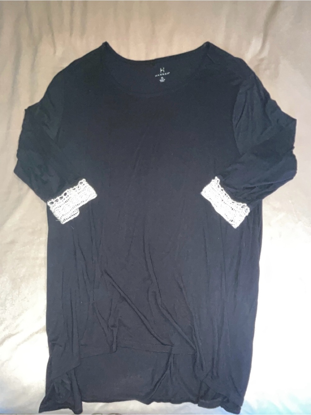 Hannah Black Tunic with White Lace Sleeve Cuffs